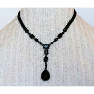 Vintage Inspired Gothcore Black Rhinestone Y Necklace 16 in